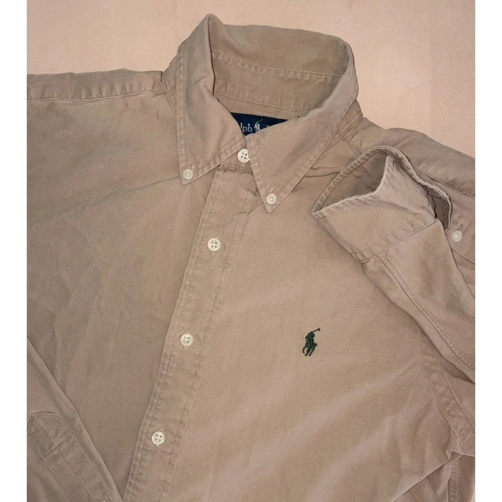 Polo Ralph Lauren Silk Blend Button Down Solid Khaki Tan Mens Medium Classic Fit